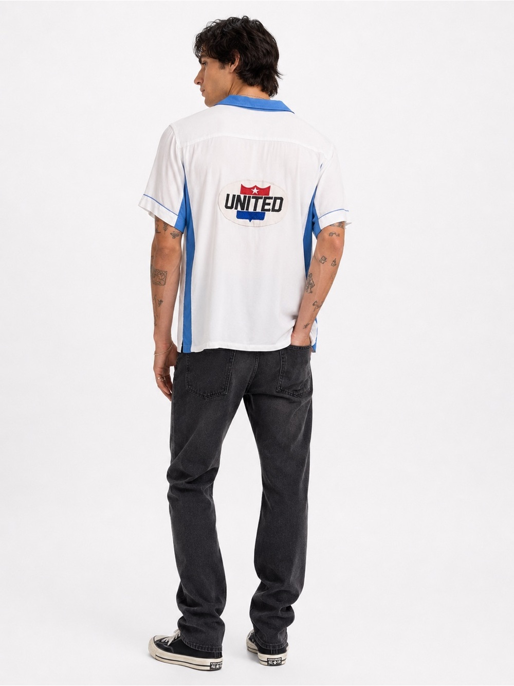 Vintage Hilton United Bowling Shirt USA Made Single Needle White Blue Retro 15 M